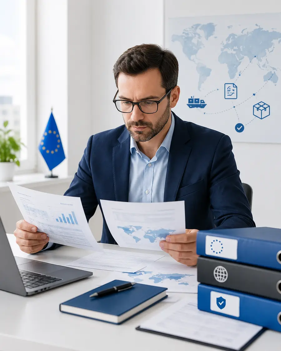 Consultant analysant des documents douaniers et TVA internationaux